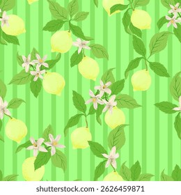 Seamless citrus vector pattern on striped background. Hand drawn illustration with lemons.