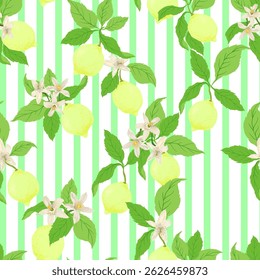 Seamless citrus vector pattern on striped background. Hand drawn illustration with lemons.