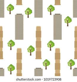 Seamless city background with modern houses and green trees. Vector illustration
