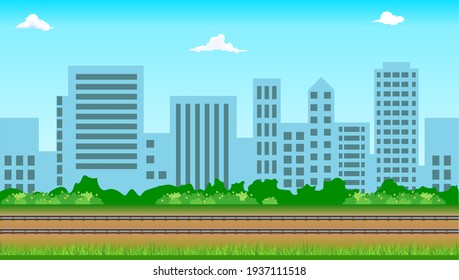 Seamless city building skyline with railway tracks, landscape