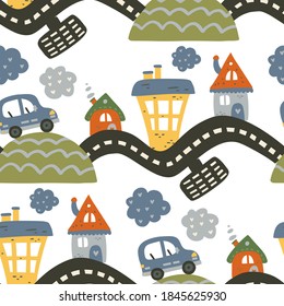 Seamless city car and house pattern background. Cartoon road graphic kid illustration for baby boy. Kid traffic vehicle art.