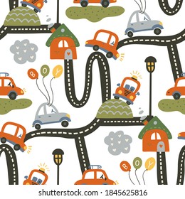 Seamless city car pattern background. Cartoon road graphic kid illustration for baby boy. Kid traffic vehicle art.