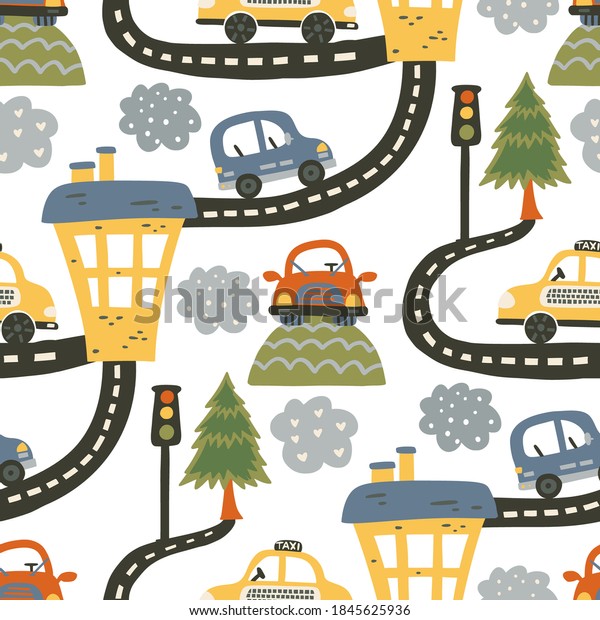 Seamless city car\
pattern background. Cartoon road graphic kid illustration for baby\
boy. Kid traffic vehicle\
art.