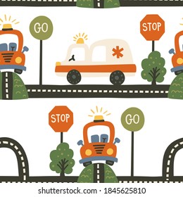 Seamless city emergency and taxi car pattern background. Cartoon road graphic kid illustration for baby boy. Kid traffic vehicle art.