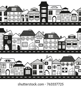 Seamless city - endless vector houses pattern in black and white line art modern style