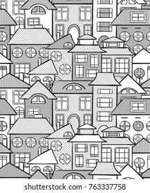 Seamless city - endless vector houses pattern in black and white line art modern style, stripes and circles ornaments