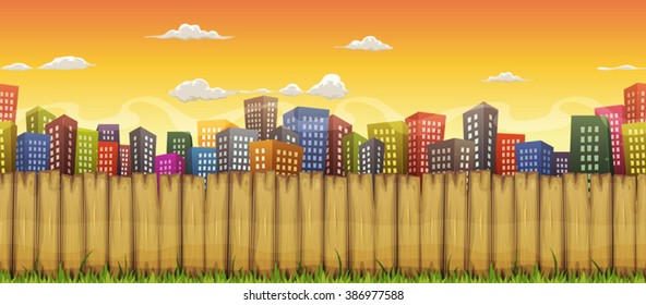 Seamless City Landscape Background/
Illustration of a cartoon seamless urban city landscape with buildings and skyscrapers, behind wooden fence, for travel, business background or game ui scenics