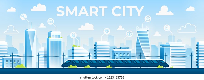 Seamless city landscape. Cityscape with buildings. Urban silhouette. Beautiful background template. Modern smart city with layers. Cartoon design. Flat style vector illustration.