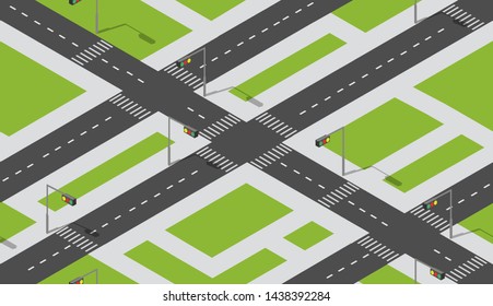 Seamless city map pattern. Isometric structure of a landscape of a street transport intersection asphalt highway and street