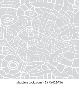 Seamless city map pattern. Vector repeating background with a schematic road map of an abstract city on a gray backdrop. Decorative urban texture, suitable for wallpaper design, wrapping paper, fabric