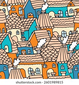 Seamless city pattern. Cartoon houses with colorful rooftops and chimneys