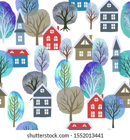 Patrón urbano sin problemas con acuarelas y casas.Paisaje invernal. Diseño de papel de envoltura navideña.