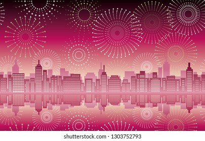 Seamless cityscape with celebration fireworks, vector illustration. Horizontally repeatable.