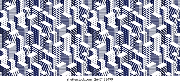 Seamless cityscape pattern, vector abstract 3D urban architecture endless background, isometric buildings city continuous black and white wallpaper.