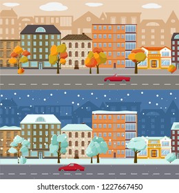 Seamless cityscape template with multi-storey building along the street autumn and winter