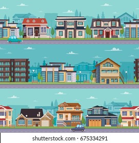 Seamless cityscape template with suburban houses and cottages of different construction vector illustration