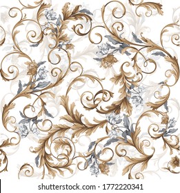 Seamless classic baroque pattern with graphic flowers on white background