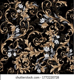 Seamless classic baroque pattern with graphic flowers on black background