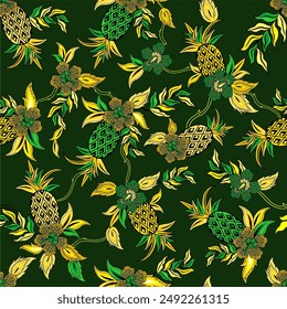 The seamless classic Batik pattern from Subang - West Java - Indonesia, called motif batik nanas subang. Calm vibe on a Tropical green color scheme 