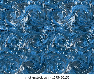 Seamless classic blue waves marbling pattern. Traditional Turkish Ebru technique