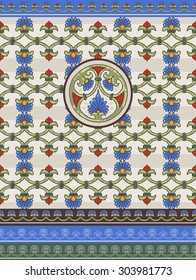 seamless classic bright floral pattern. on a beige background, blue colourful flowers with border and round decor item