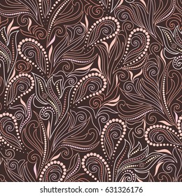 Seamless classic brown  pattern with paisley and flowers. Traditional ethnic ornament,. Vector print. Use for wallpaper, pattern fills,textile design.