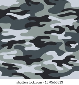 Seamless classic camouflage pattern. Camo fishing hunting vector background. Masking white grey black color military texture wallpaper. Army design for fabric paper vinyl print