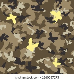 Seamless classic camouflage pattern. Camo fishing hunting vector background. Masking yellow brown black color military texture wallpaper. Modern design for fabric paper vinyl print
