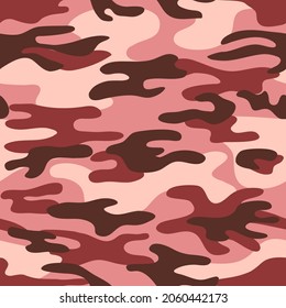 Seamless classic camouflage pattern. Camo fishing hunting vector background. Masking red brown pink color military texture wallpaper. Army design for fabric paper vinyl print