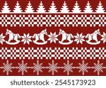 Seamless classic Christmas pattern, often referred to as a "Fair Isle" or "Nordic" pattern. It features a repeating design of Christmas trees, snowflakes, rocking horses, and geometric shapes