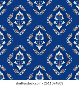 Seamless classic damask pattern in blue gold tones - vector illustration for luxury textile design