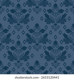 Seamless classic damask pattern in blue tone - vector illustration for luxury textile design.	