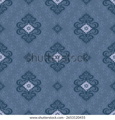 Seamless classic damask pattern in blue tone - vector illustration for luxury textile design.	