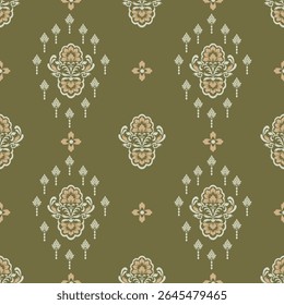 Seamless classic damask pattern in green tone - vector illustration for luxury textile design.	
