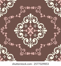 Seamless classic damask pattern - vector illustration for luxury textiles. Brown background.