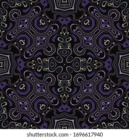 Seamless classic damask silk scarf pattern in purple. Vintage geometric repeat. Arabesque stationery decorative print. Classic fashion square. Unique allover vector. Traditional tessellated background