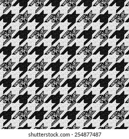 Seamless classic fabric houndstooth, pied-de-poule  pattern with doodle trendy lettering