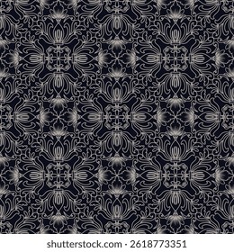 Seamless Classic Floral Line Art Pattern in Black and White for Wallpaper, Textile, Packaging, and Background. Vector Design.