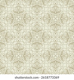 Seamless Classic Floral Line Art Pattern in Beige and Gold for Wallpaper, Textile, Packaging, and Background. Vector Design.