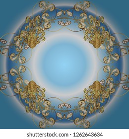 Seamless classic golden pattern. Golden pattern on blue and neutral colors with golden elements. Vector traditional orient ornament.