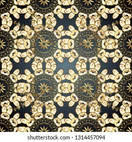 Seamless classic golden pattern. Golden pattern on gray and beige colors with golden elements. Vector traditional orient ornament.