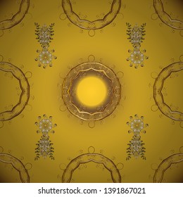 Seamless classic golden pattern. Golden pattern on yellow and brown colors with golden elements. Vector traditional orient ornament.