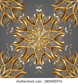 Patrón dorado clásico sin inconveniente. Patrón dorado en tonos beige, gris y marrón con elementos dorados. Ornamento vectorial tradicional.