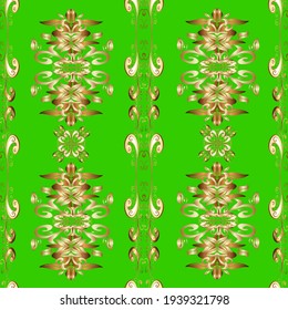 Seamless classic golden pattern. Vector traditional orient ornament. Golden pattern on beige, brown and green colors with golden elements.