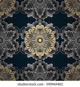 Seamless classic golden pattern. Vector traditional orient ornament. Golden pattern on blue background with golden elements.