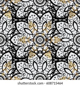 Seamless classic golden pattern. Vector traditional orient ornament. Golden pattern on gray background with golden elements.