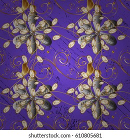 Seamless classic golden pattern. Vector traditional orient ornament. Golden pattern on violet background with golden elements.