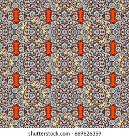 Seamless classic golden pattern. Vector traditional orient ornament. Golden pattern on orange background with golden elements.