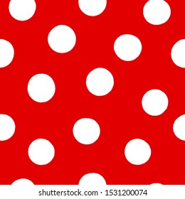 Seamless classic pattern with circles. White hand-drawn dots on a red background. Polka dot stock image. Chaotic points. Vector illustration for decoration, wallpaper, wrapping paper, cards, posters