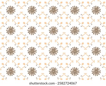 A seamless classic pattern with decorative vintage-style elements. The motif consists of dark brown metallic floral ornaments and geometric shapes adorned with small pastel orange leaves. The design e